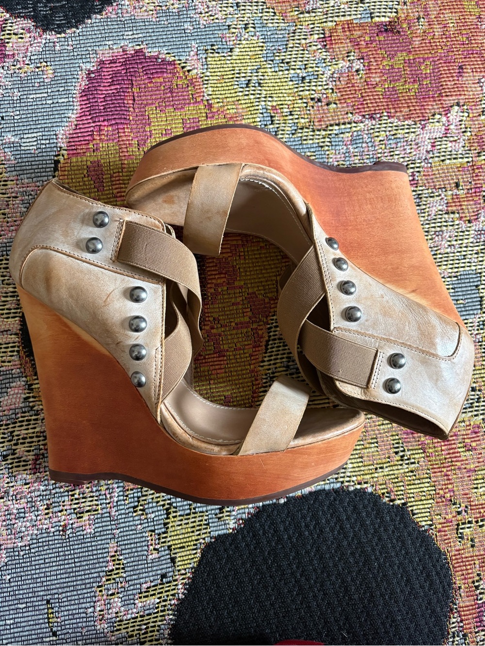 True Religion Tan/Beige Platform Wedge Sandals with Stud Accents